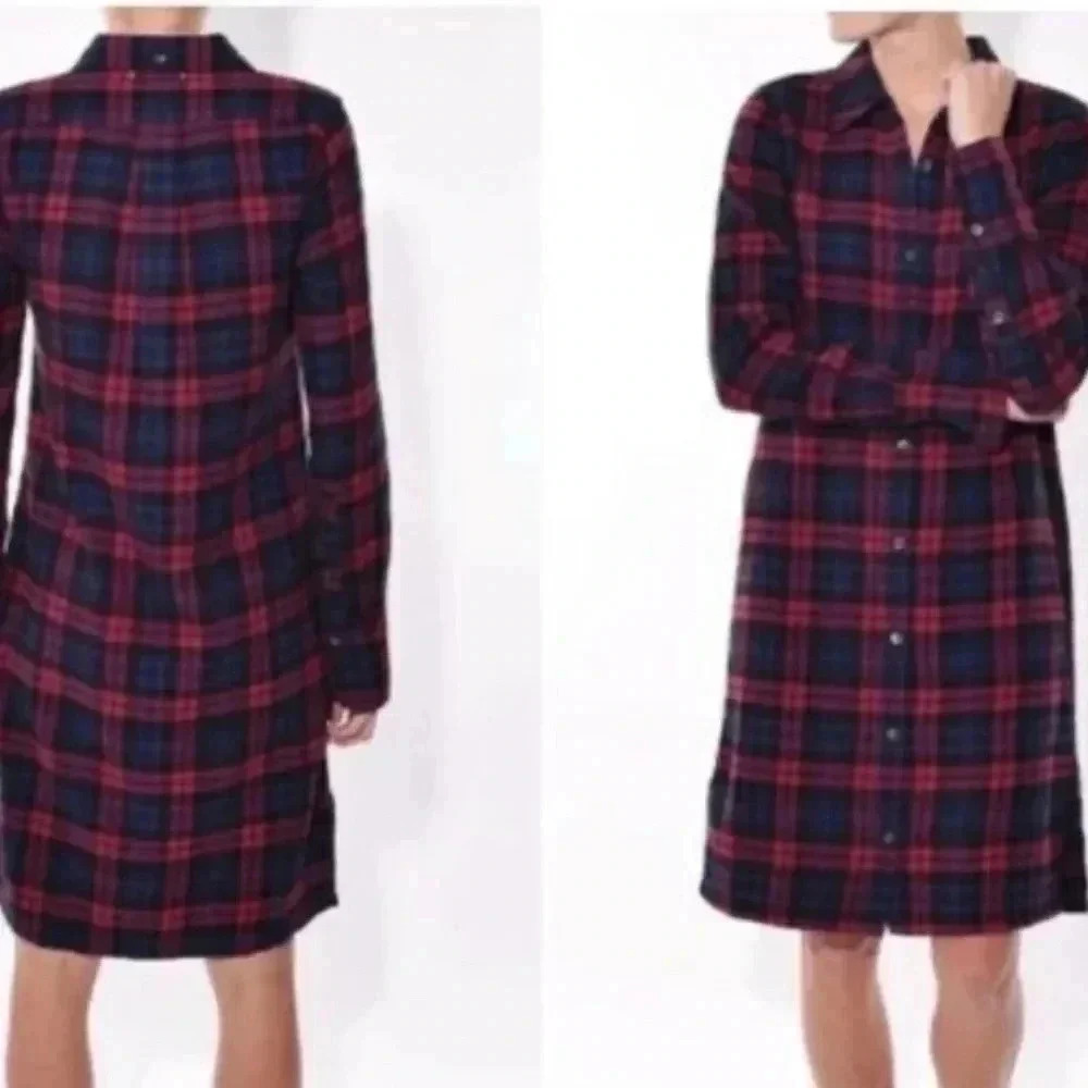 Alex Mill Flannel Shirt Dress Size‎ XS Cotton Standard Plaid Navy Blue Bu…